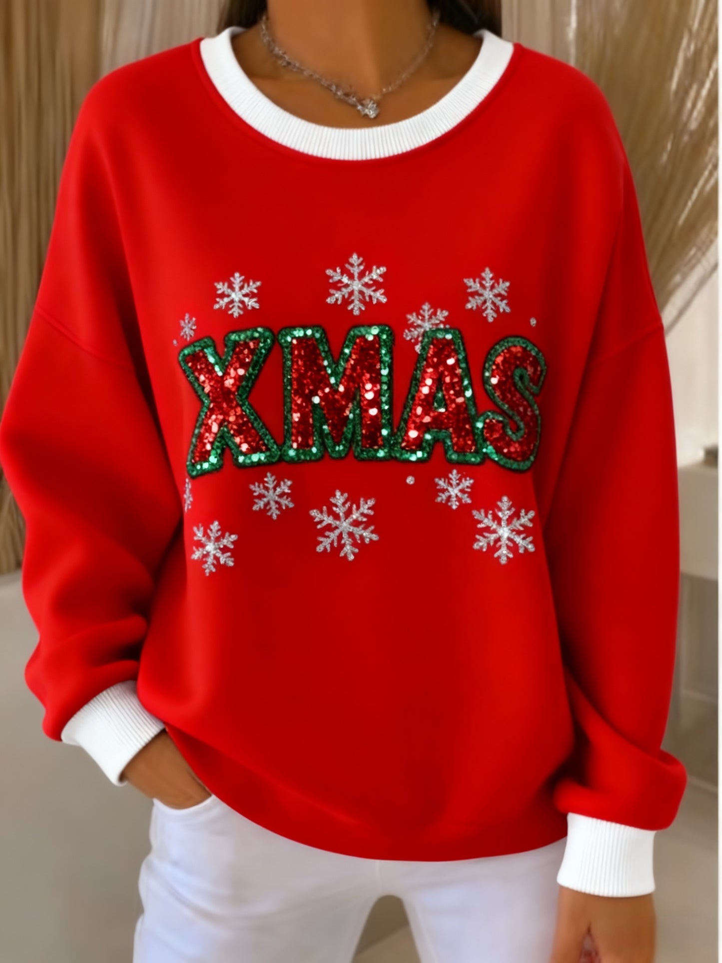 Retro Christmas Snowflake Sequins Loose Long Sleeved Sweatshirt