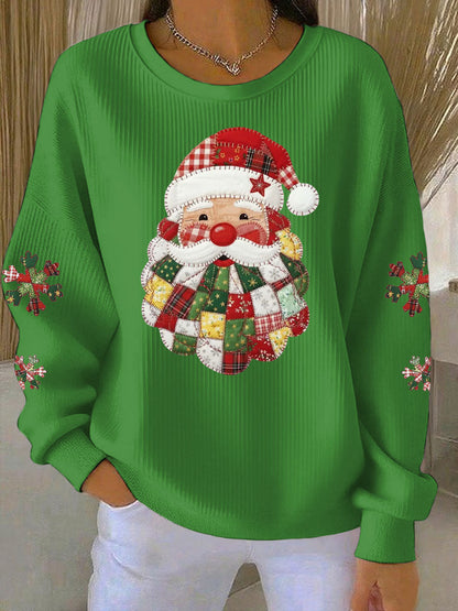 Women's Santa Claus Print Ribbed Round-Neck Sweatshirt