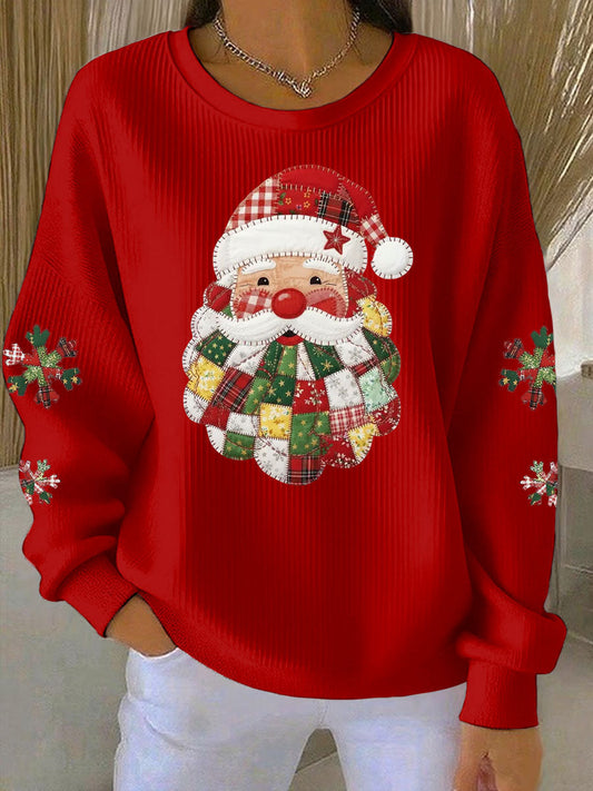 Women's Santa Claus Print Ribbed Round-Neck Sweatshirt