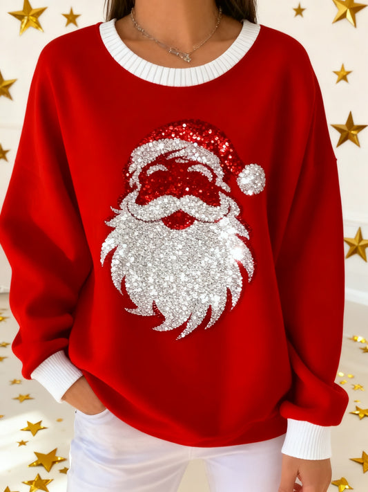 Retro Santa Claus Sequins Loose Long Sleeved Sweatshirt