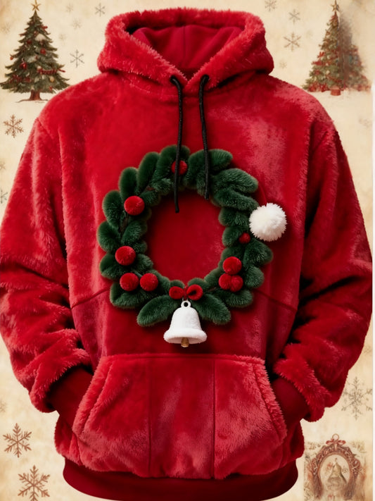 Retro Christmas  Wreath Print Fleece Pocket Hooded Sweatshirt