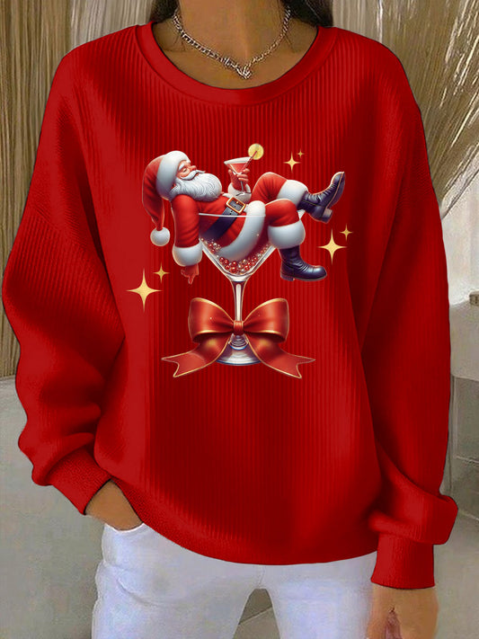 Women's Santa Claus and wine glass Print Ribbed Round-Neck Sweatshirt