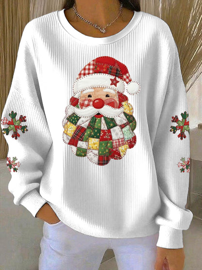 Women's Santa Claus Print Ribbed Round-Neck Sweatshirt