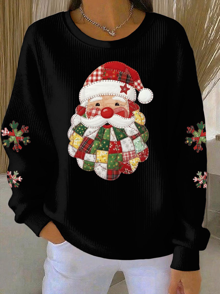 Women's Santa Claus Print Ribbed Round-Neck Sweatshirt