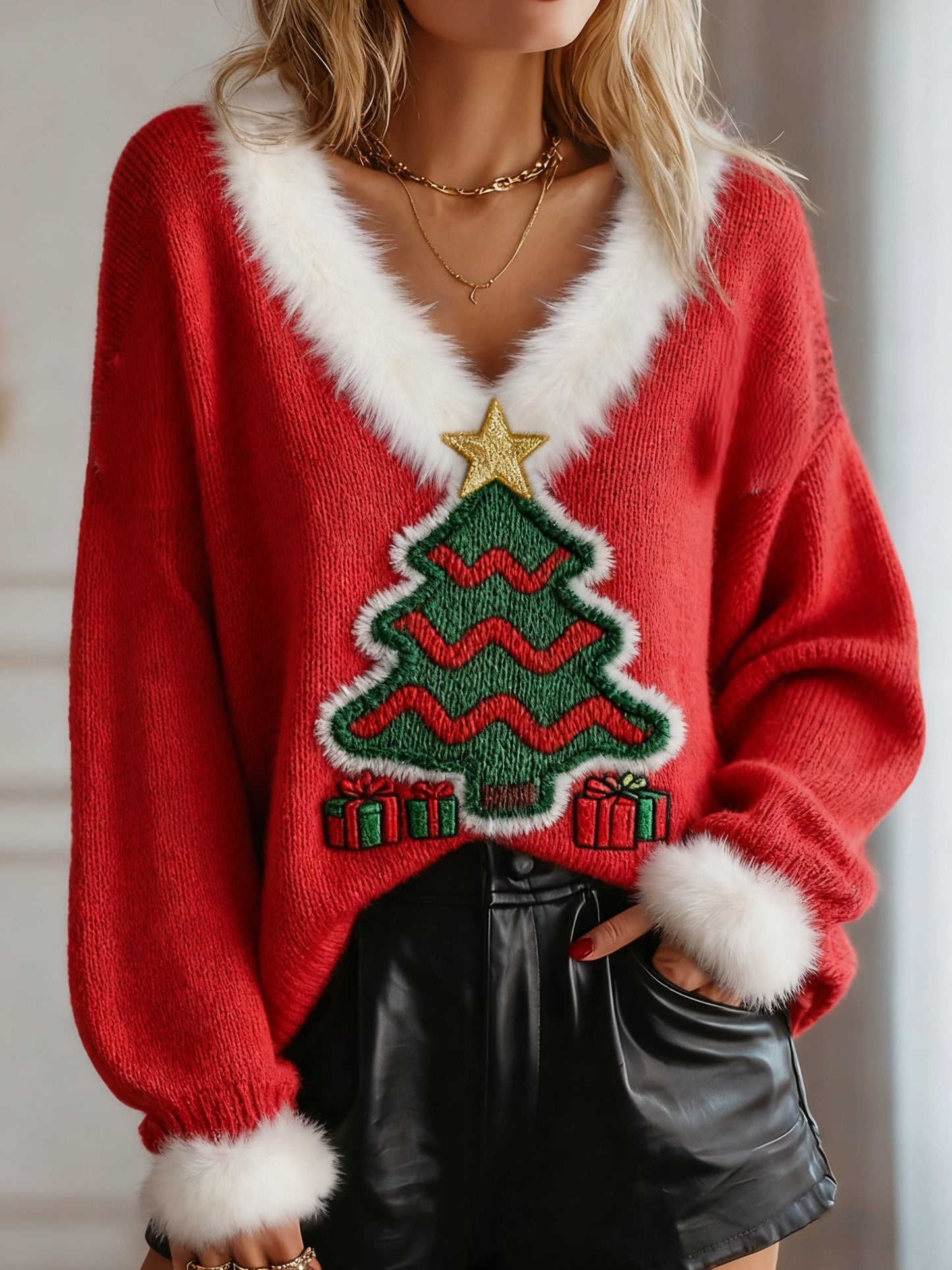 Women's  Vintage Christmas Tree Loose Long Sleeved Fur-Trimmed Sweater