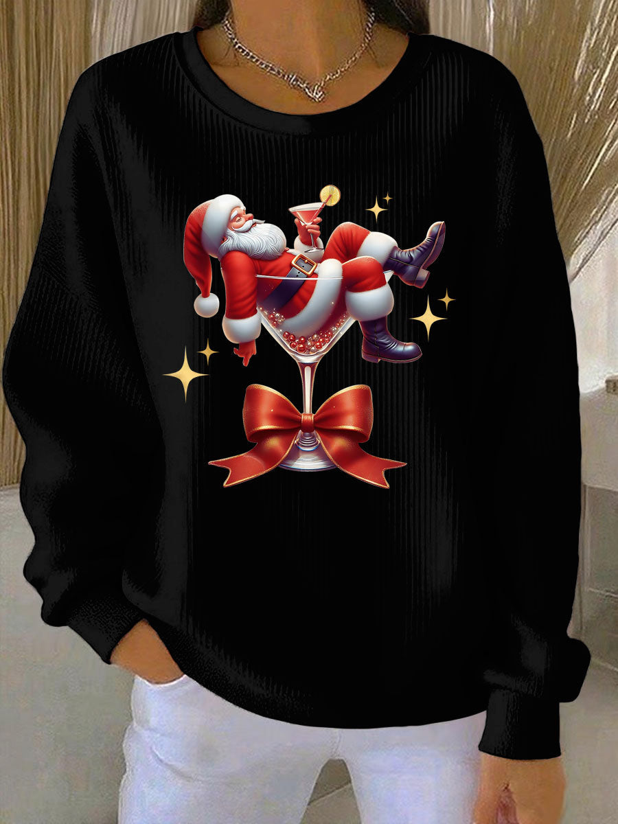 Women's Santa Claus and wine glass Print Ribbed Round-Neck Sweatshirt