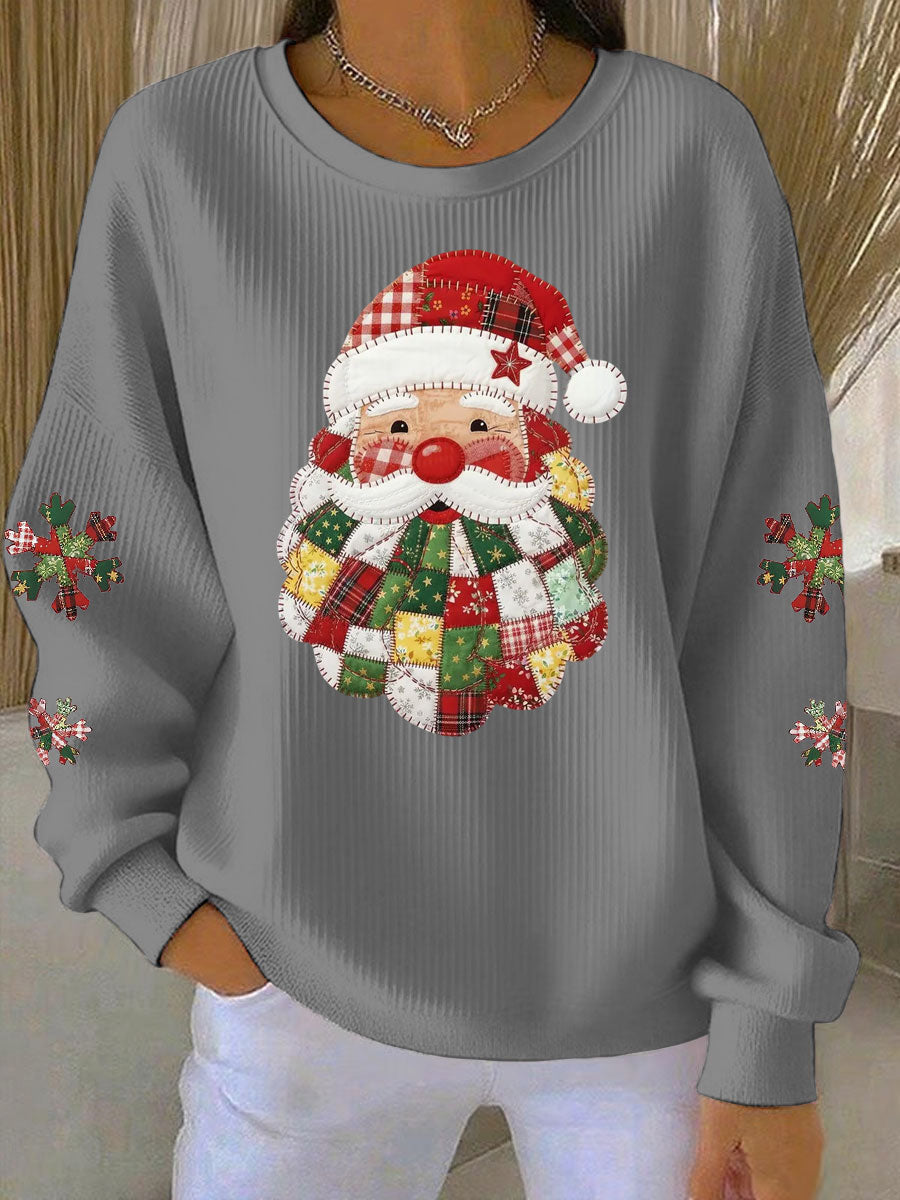 Women's Santa Claus Print Ribbed Round-Neck Sweatshirt