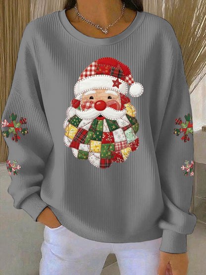 Women's Santa Claus Print Ribbed Round-Neck Sweatshirt