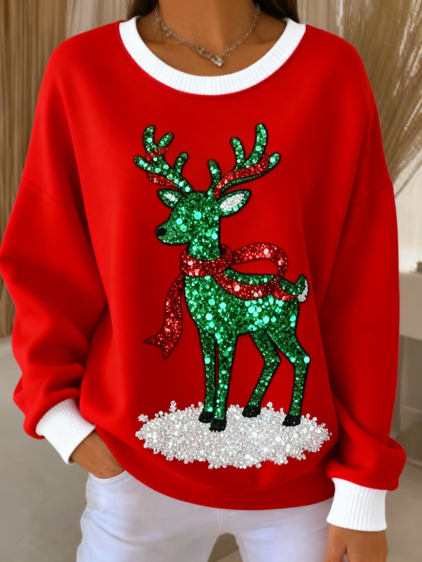 Retro Christmas Reindeer Sequins Loose Long Sleeved Sweatshirt
