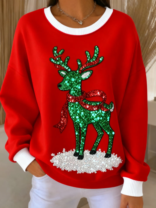 Retro Christmas Reindeer Sequins Loose Long Sleeved Sweatshirt