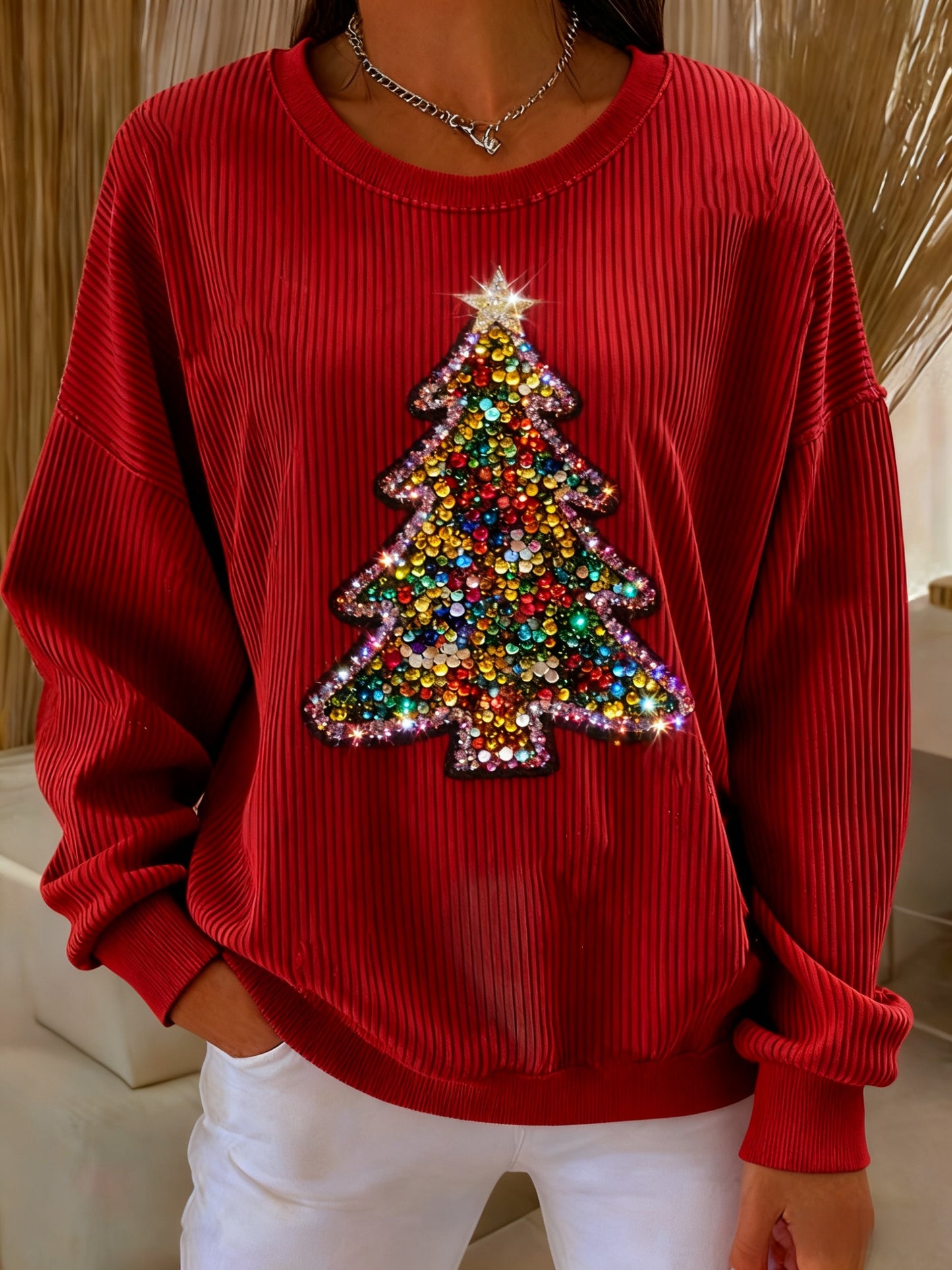 Retro Christmas Tree Colourful Sequins Loose Long Sleeved Sweatshirt