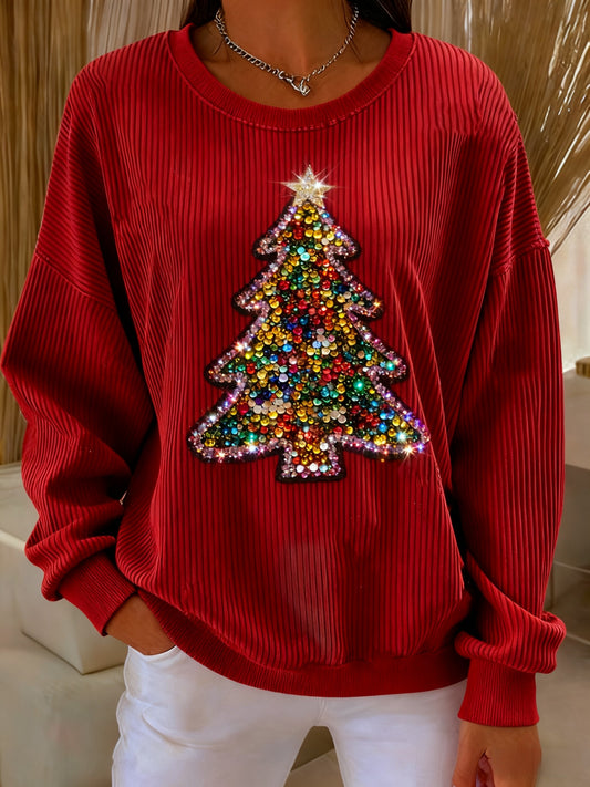 Retro Christmas Tree Colourful Sequins Loose Long Sleeved Sweatshirt