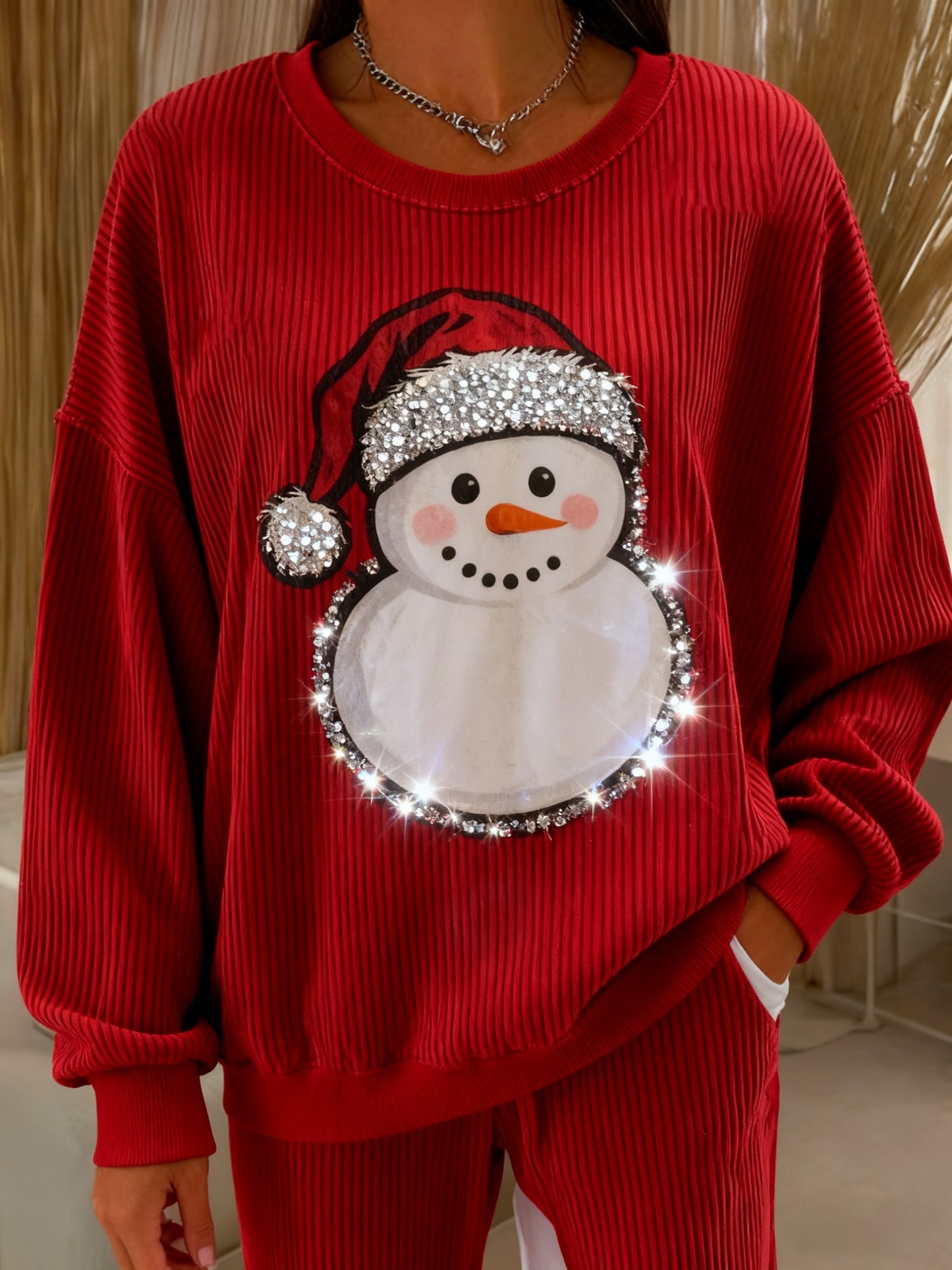 Retro Christmas Snowman Sequins Loose Long Sleeved Sweatshirt