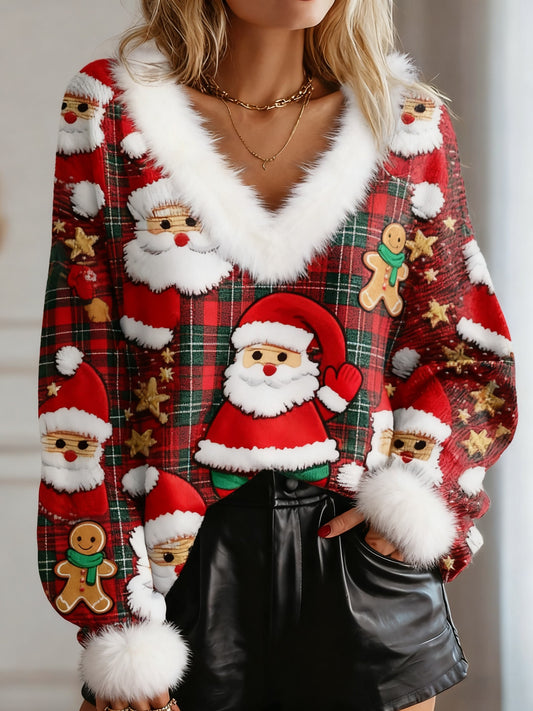 Women's  Vintage Christmas Gingerbread Man Check Loose Long Sleeved Fur-Trimmed Sweater