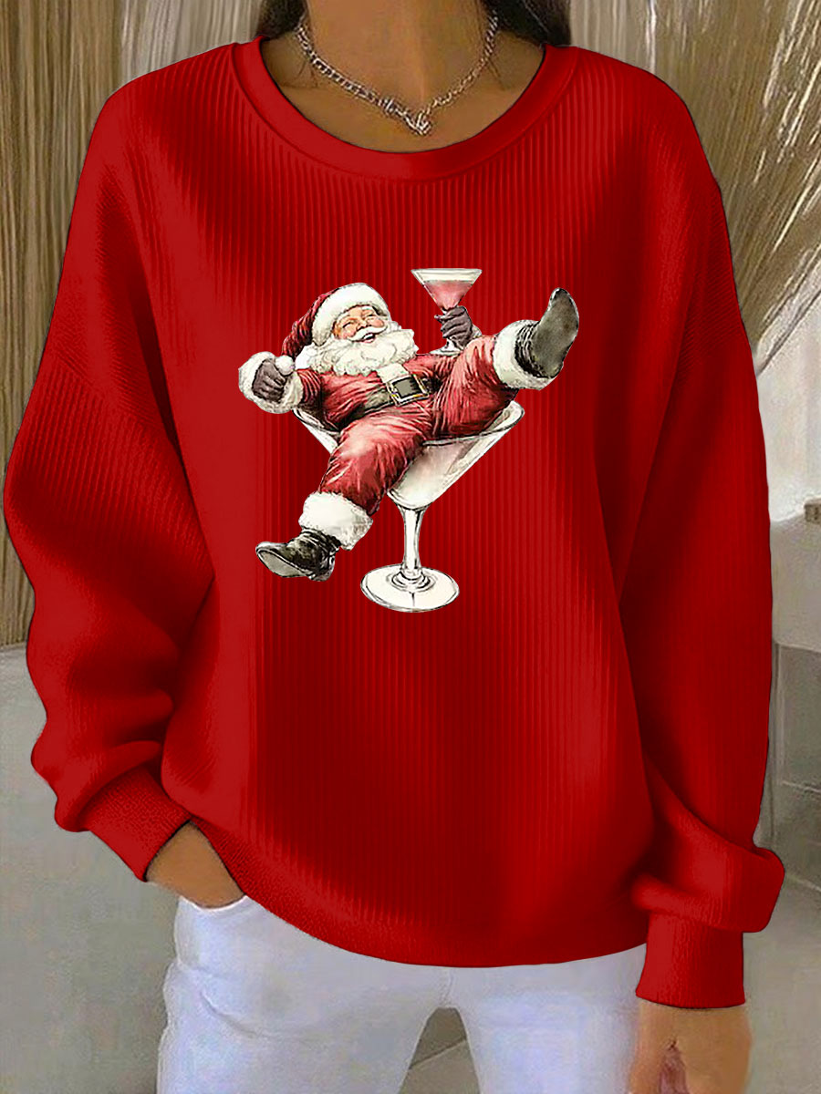 Women's Santa Claus and wine glass Print Ribbed Round-Neck Sweatshirt