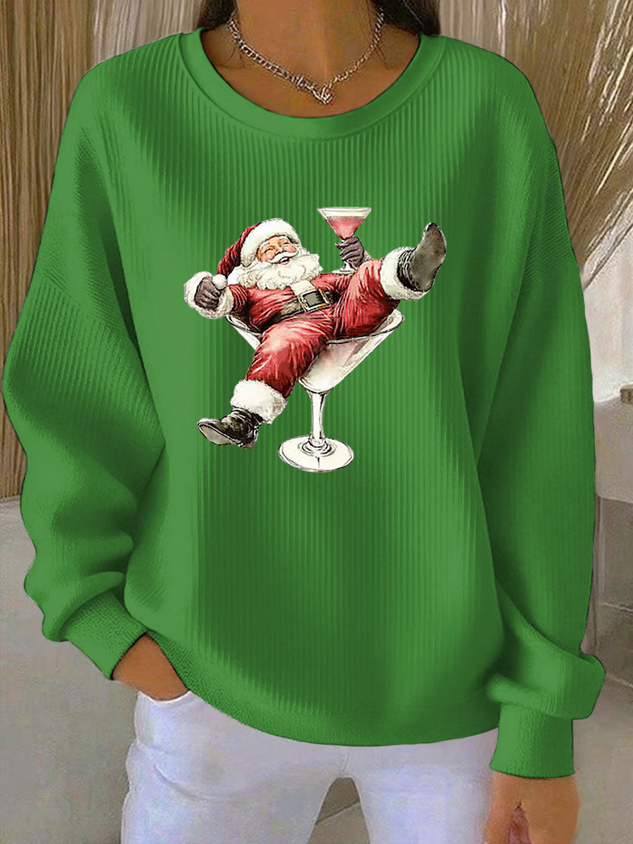 Women's Santa Claus and wine glass Print Ribbed Round-Neck Sweatshirt