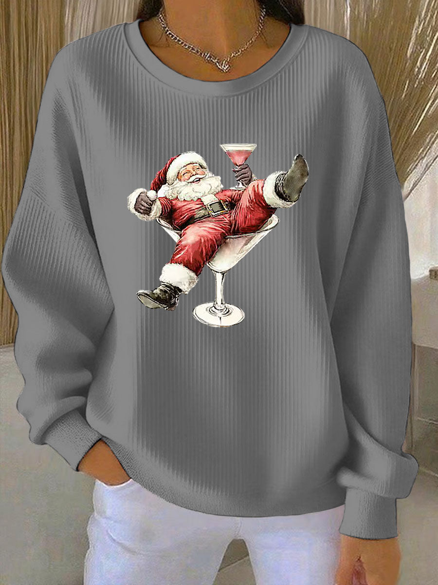 Women's Santa Claus and wine glass Print Ribbed Round-Neck Sweatshirt