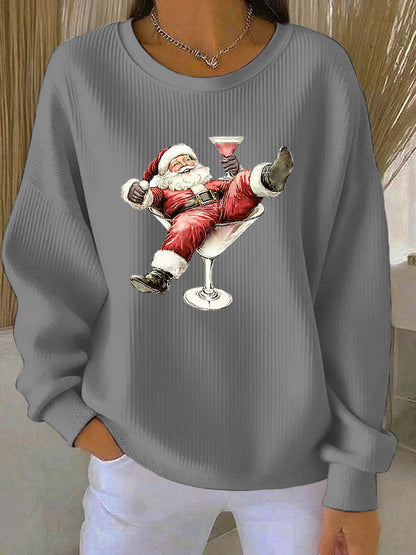 Women's Santa Claus and wine glass Print Ribbed Round-Neck Sweatshirt