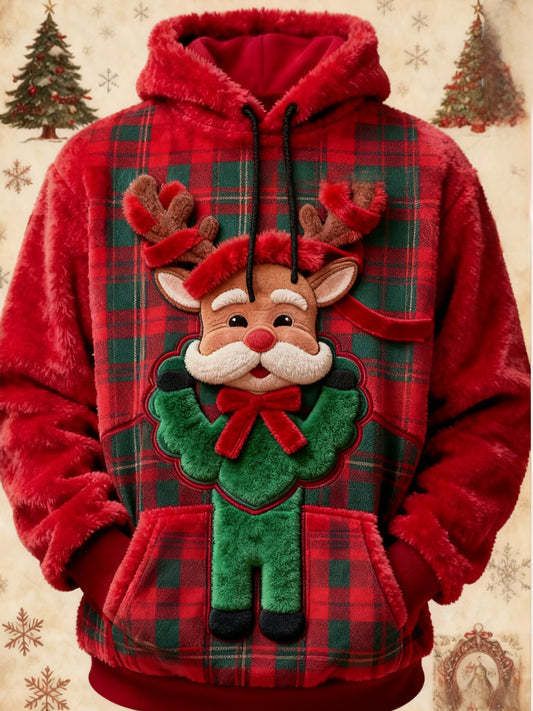 Vintage Tartan Christmas Reindeer Print Fleece Pocket Hooded Sweatshirt
