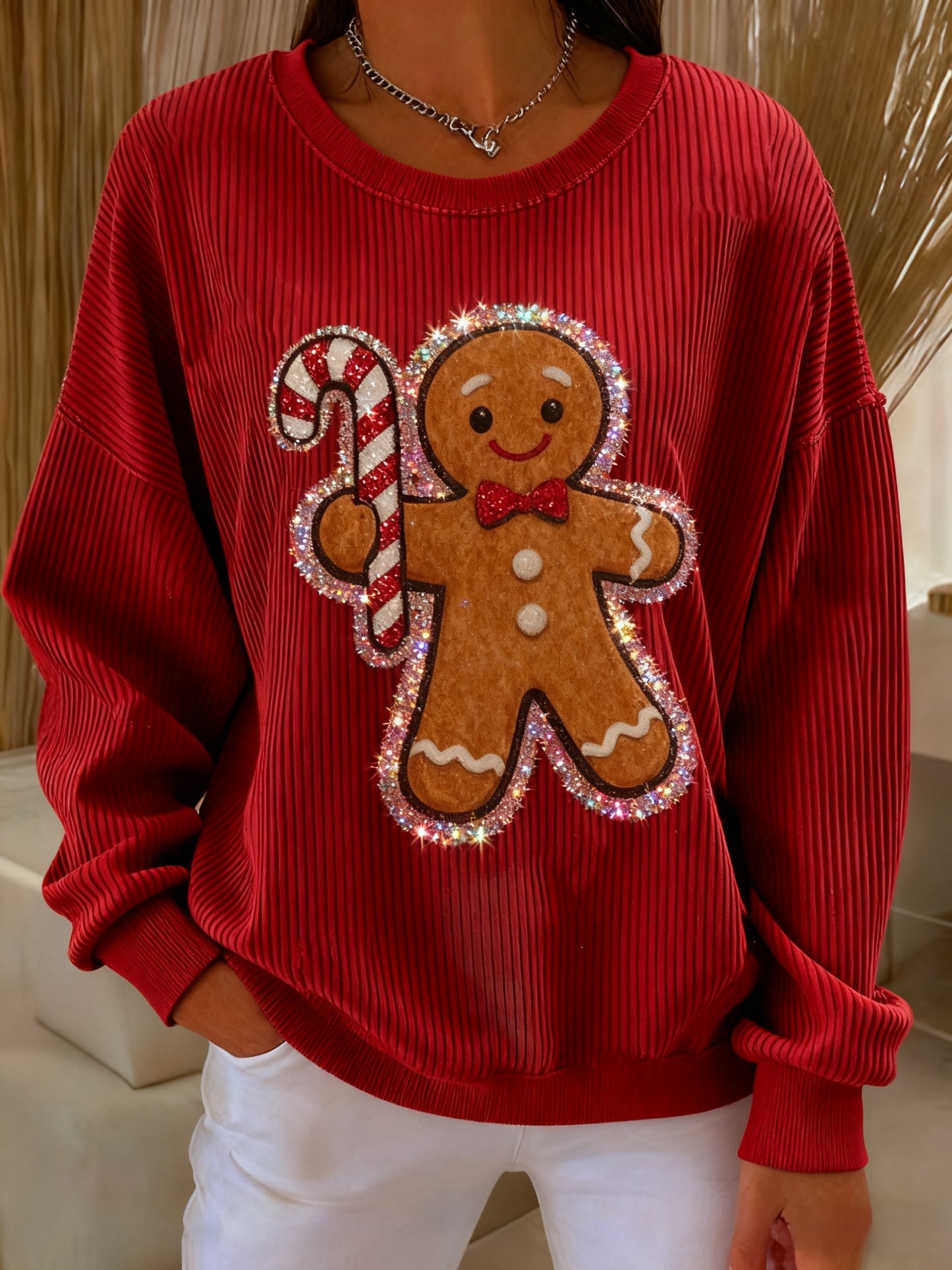 Vintage Christmas Gingerbread Man Sequins Loose Long Sleeved Sweatshirt