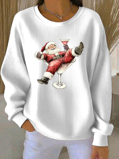 Women's Santa Claus and wine glass Print Ribbed Round-Neck Sweatshirt