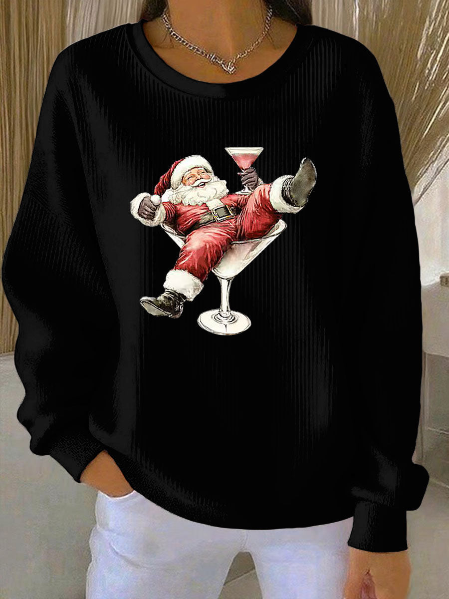 Women's Santa Claus and wine glass Print Ribbed Round-Neck Sweatshirt