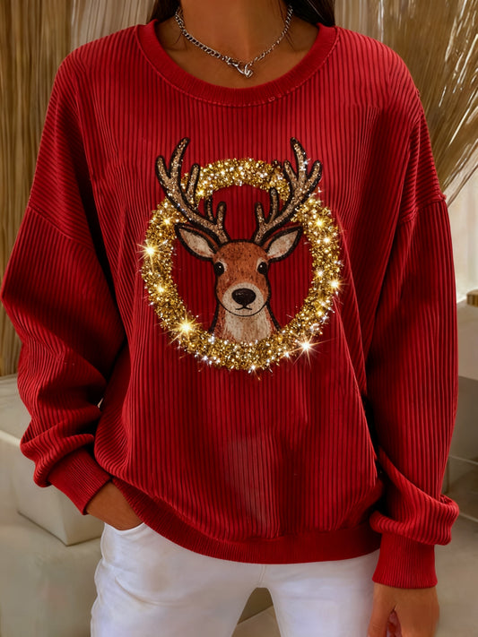 Retro Christmas Reindeer Sequins Loose Long Sleeved Sweatshirt