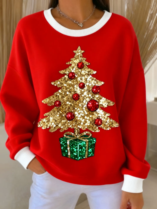 Retro Christmas Tree Gift Sequins Loose Long Sleeved Sweatshirt