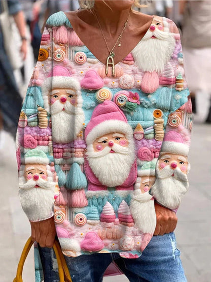 Retro Christmas Fun And Cute Printed Fashionable Crew Neck Top