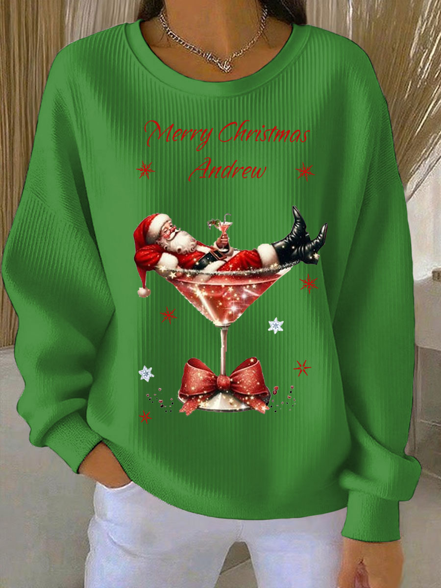 Women's Santa Claus and wine glass Print Ribbed Round-Neck Sweatshirt