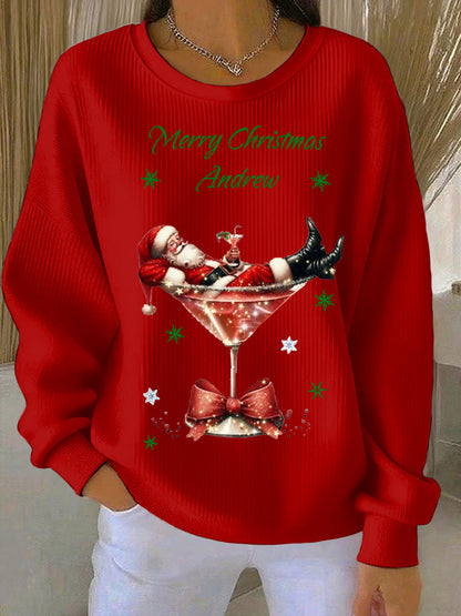 Women's Santa Claus and wine glass Print Ribbed Round-Neck Sweatshirt