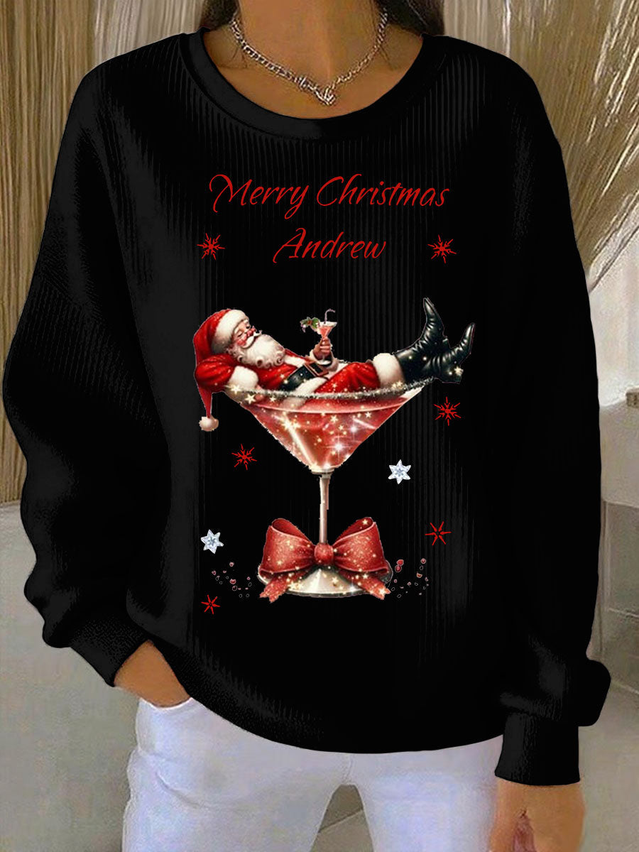 Women's Santa Claus and wine glass Print Ribbed Round-Neck Sweatshirt