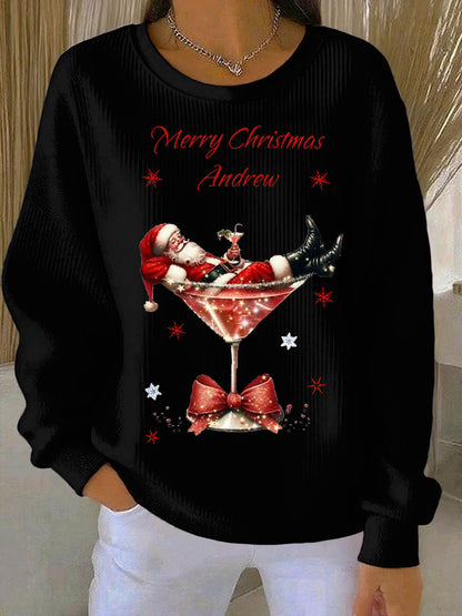 Women's Santa Claus and wine glass Print Ribbed Round-Neck Sweatshirt
