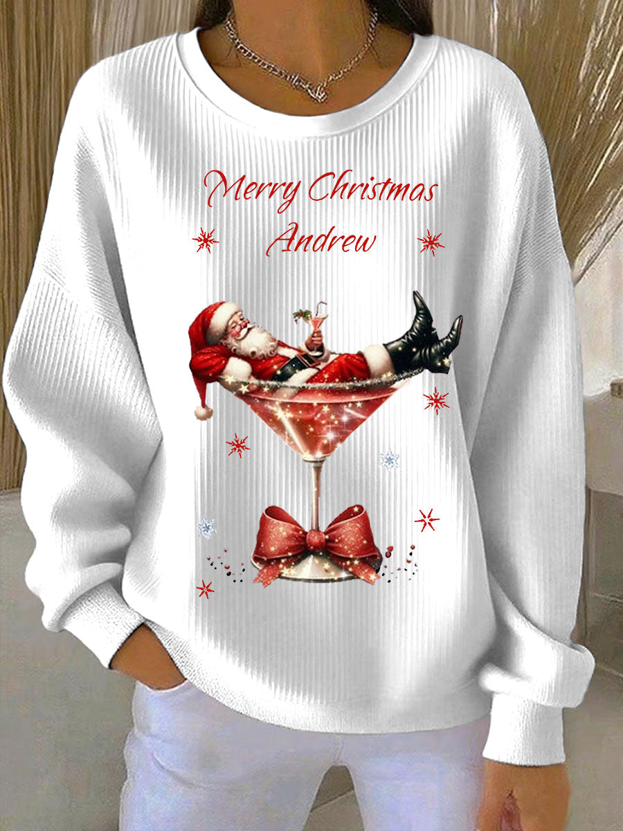 Women's Santa Claus and wine glass Print Ribbed Round-Neck Sweatshirt