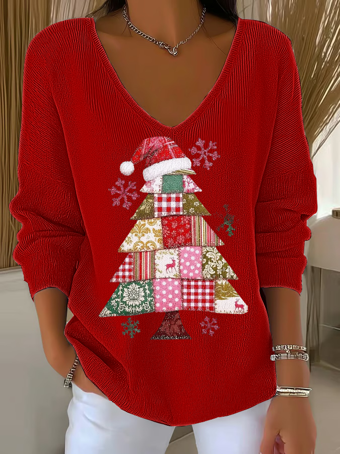Women's Christmas tree Print V-Neck Ribbed Top