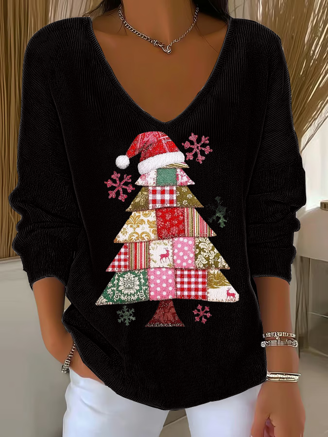 Women's Christmas tree Print V-Neck Ribbed Top