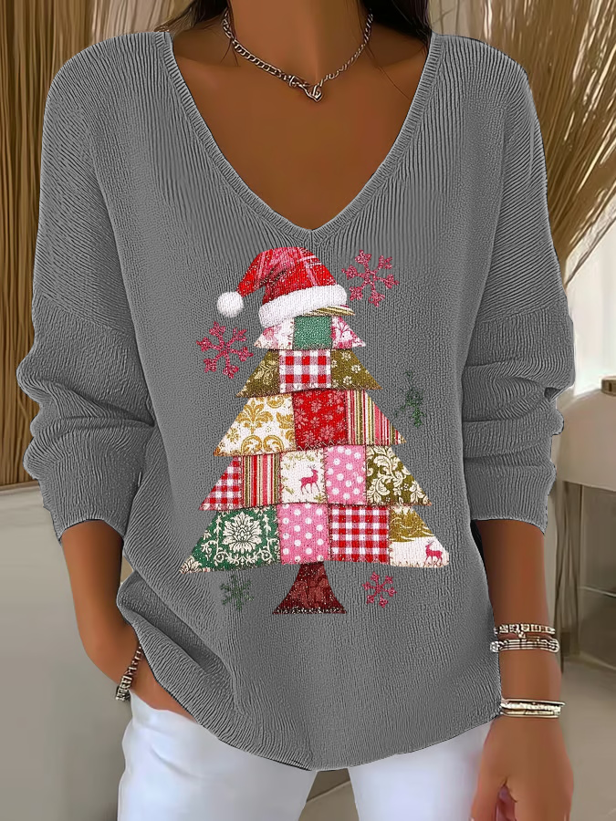 Women's Christmas tree Print V-Neck Ribbed Top