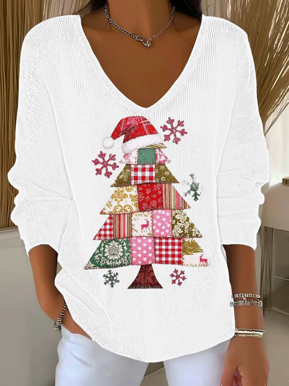 Women's Christmas tree Print V-Neck Ribbed Top