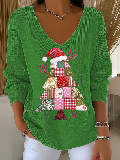Women's Christmas tree Print V-Neck Ribbed Top