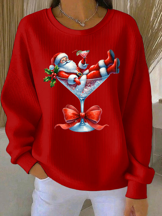 Women's Santa Claus and wine glass Print Ribbed Round-Neck Sweatshirt