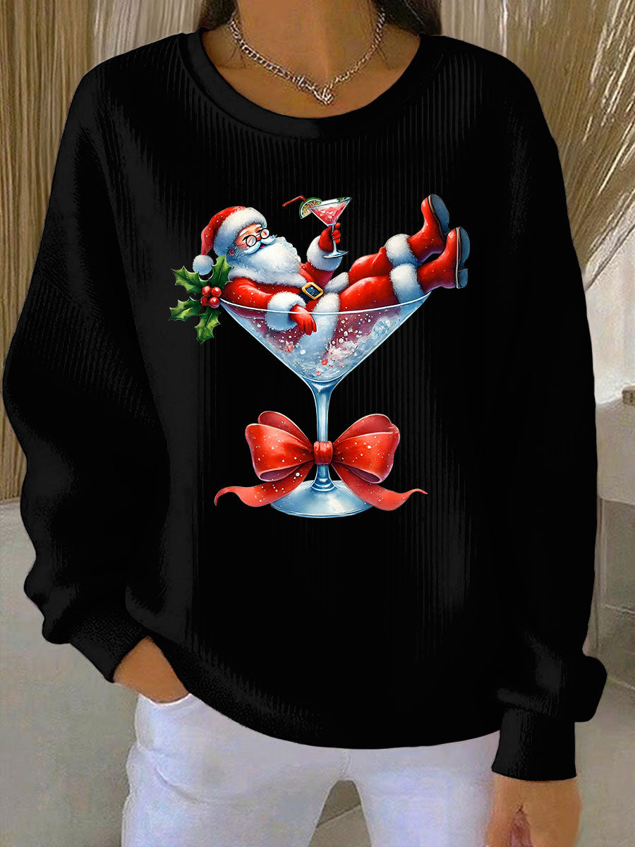 Women's Santa Claus and wine glass Print Ribbed Round-Neck Sweatshirt
