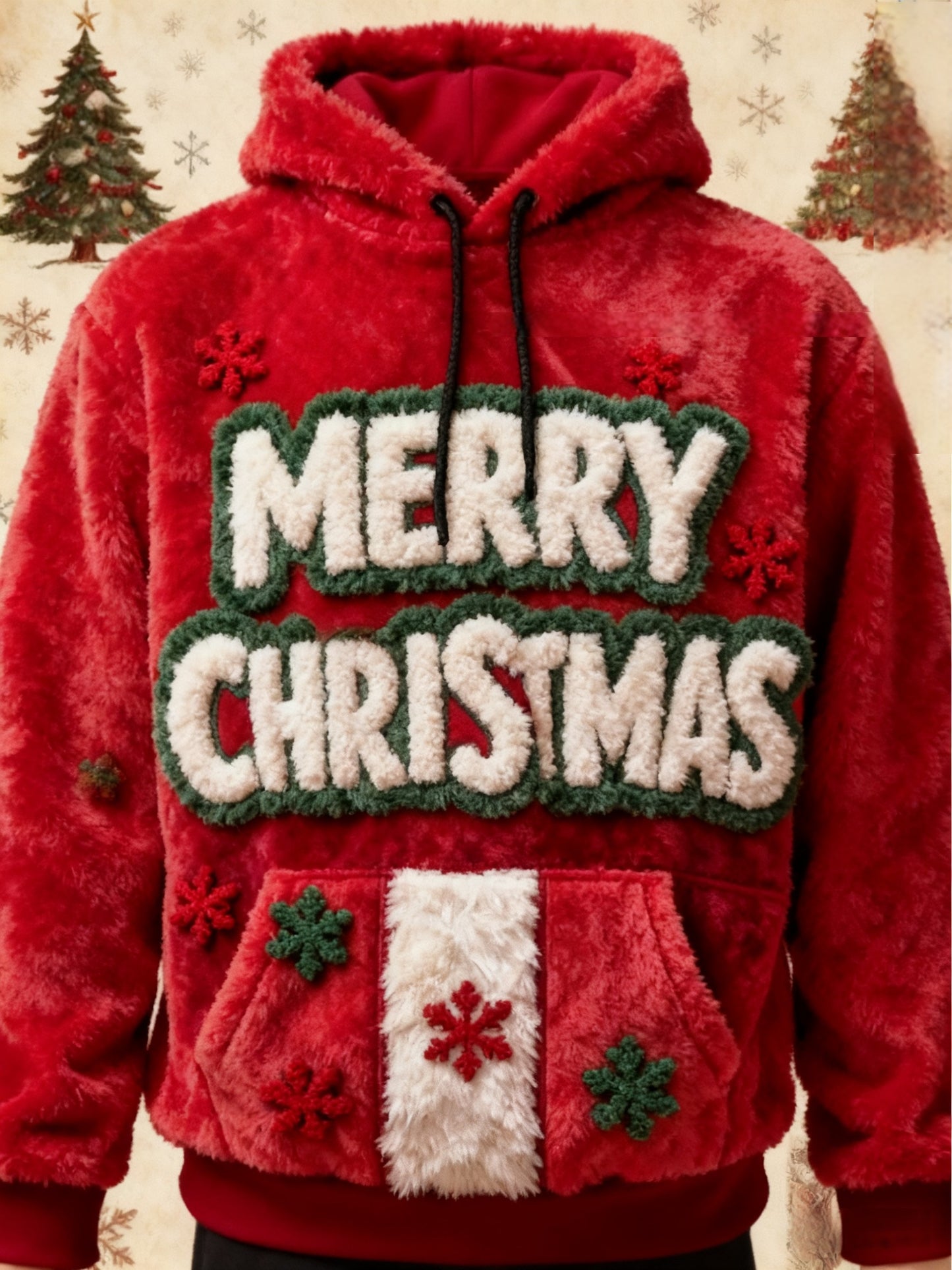 Retro Christmas Print Fleece Pocket Hooded Sweatshirt