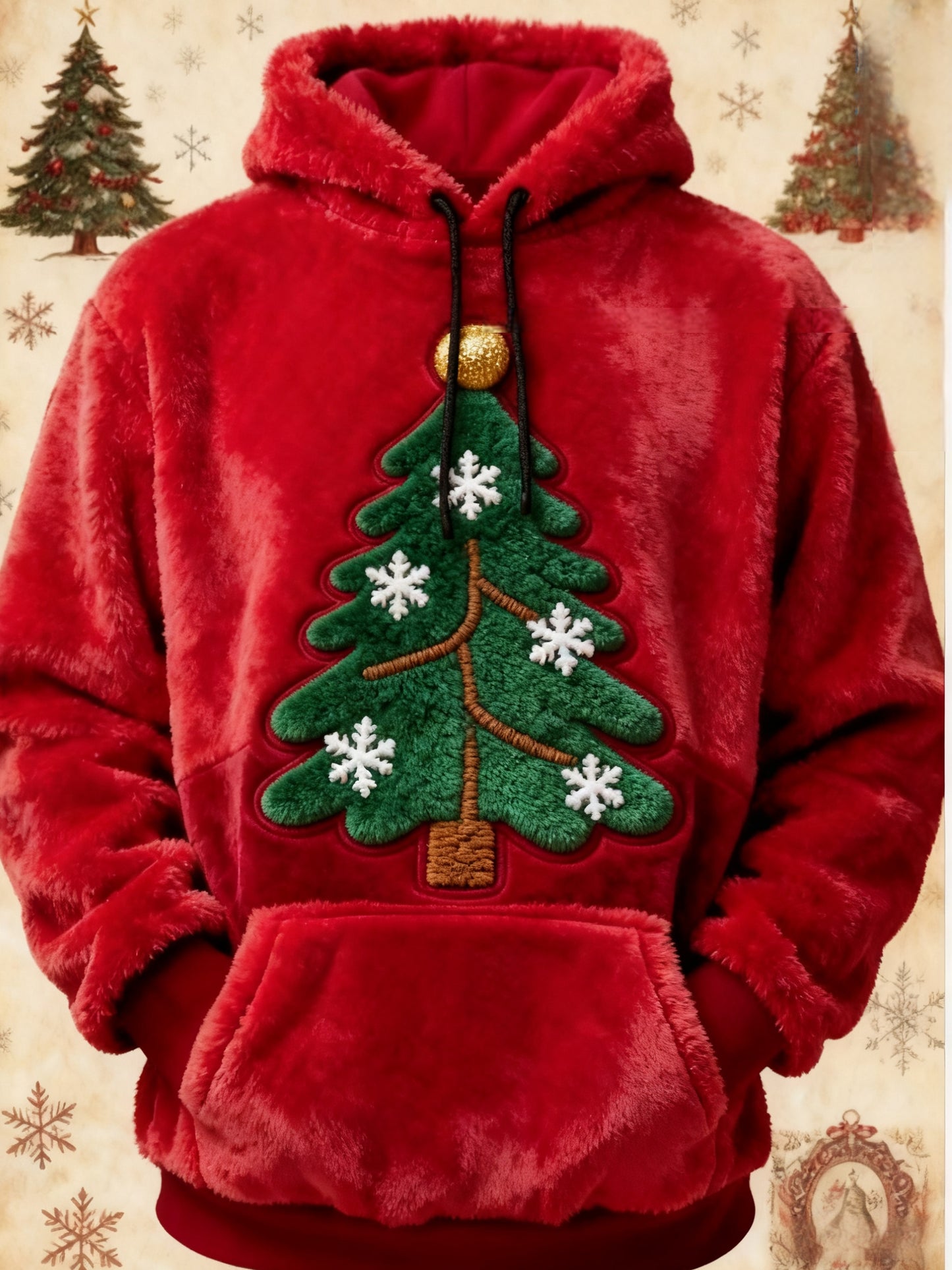 Retro Christmas Tree Print Fleece Pocket Hooded Sweatshirt