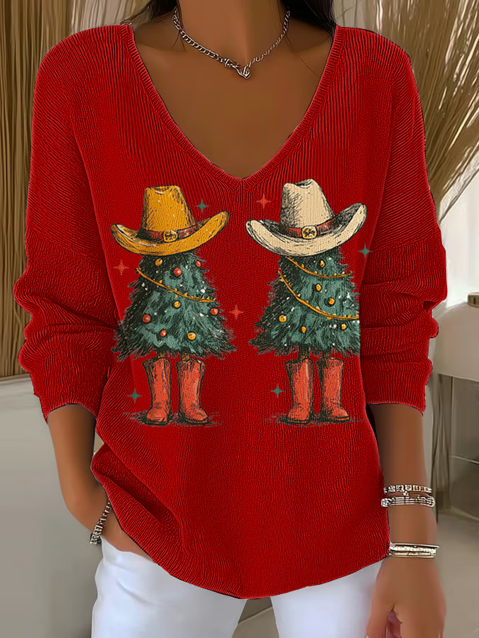 Women's  Christmas tree Print  V-Neck Ribbed Top