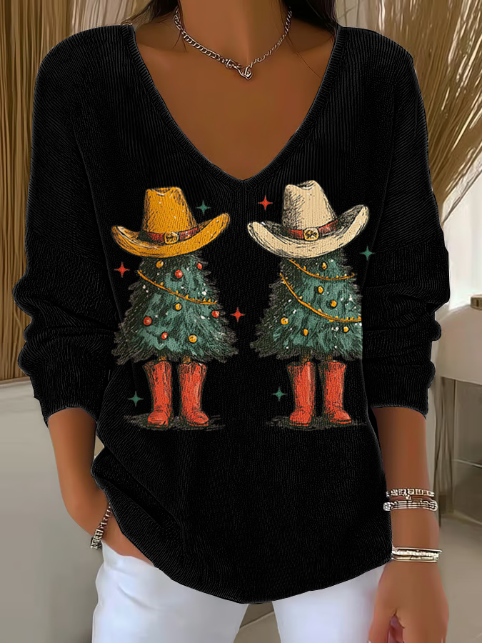 Women's  Christmas tree Print  V-Neck Ribbed Top