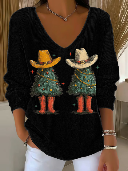 Women's  Christmas tree Print  V-Neck Ribbed Top