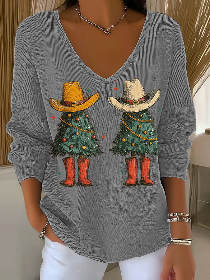 Women's  Christmas tree Print  V-Neck Ribbed Top