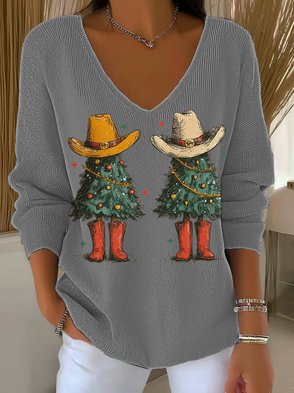 Women's  Christmas tree Print  V-Neck Ribbed Top
