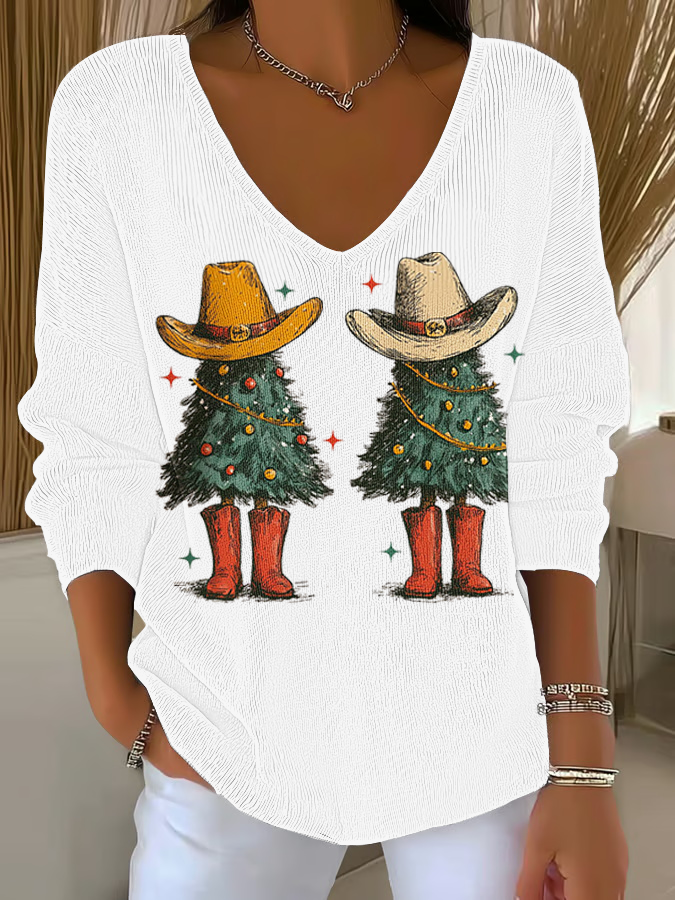 Women's  Christmas tree Print  V-Neck Ribbed Top