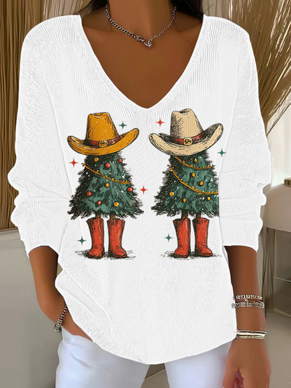 Women's  Christmas tree Print  V-Neck Ribbed Top